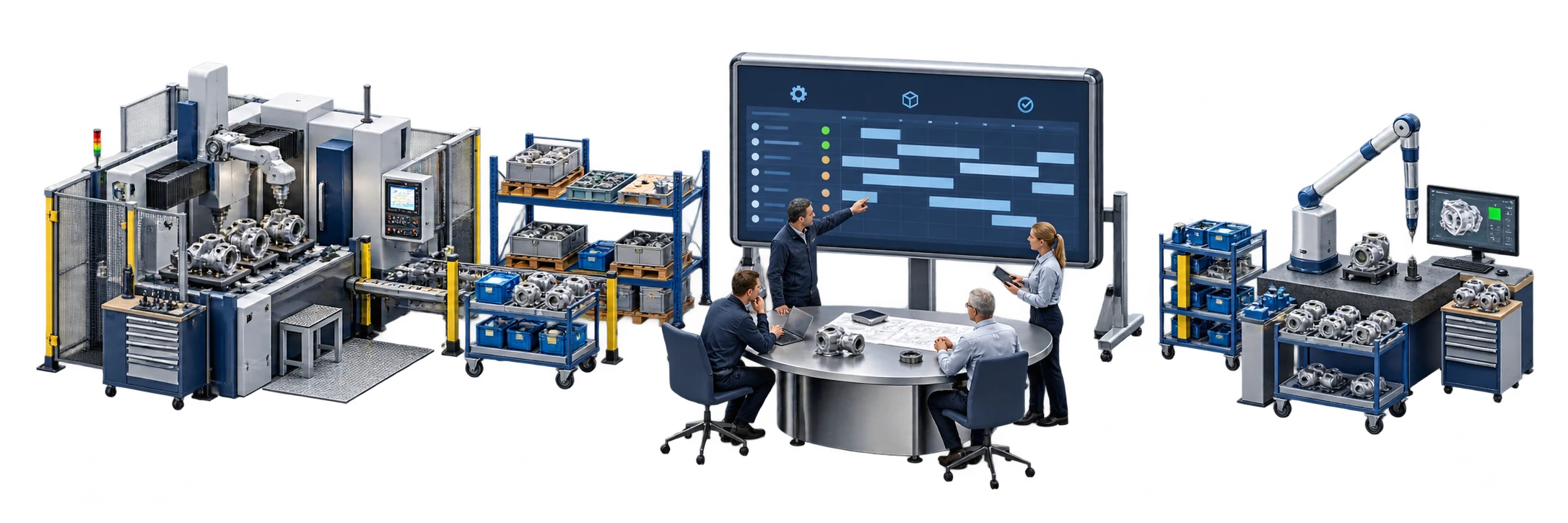 Taskforce-Leitstelle mit Lageboard und Team, verbunden mit Fertigung, Materialversorgung und Qualitätsprüfung