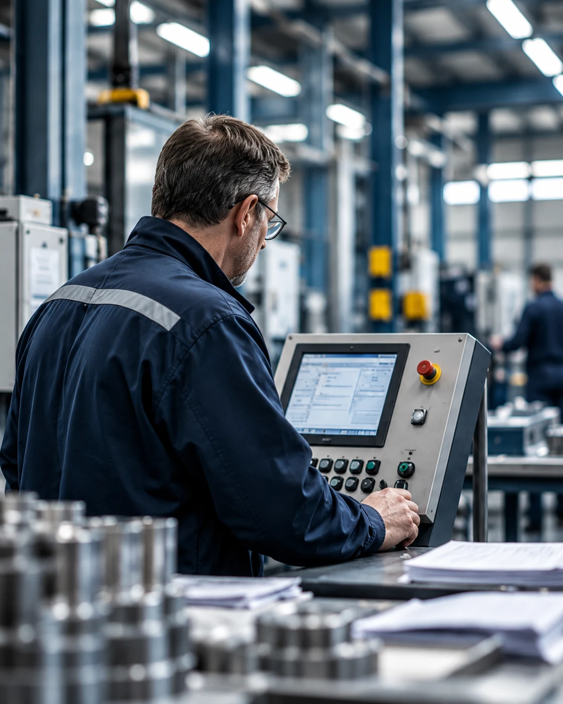 Industrielles Motiv: Fachkraft an der Steuerung einer Produktionsanlage